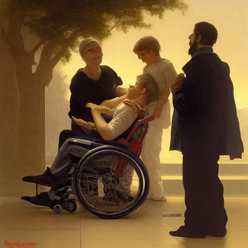 Image similar to a male patient in a wheelchair in the hospital with his wife and son standing by. happy, cheerful, smiling, intricate, face enhance, sharp focus, cinematic lighting, featured in artistation, 8 k, art by greg rutkowski, william adolphe bouguereau