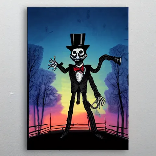 Prompt: artwork of skeleton wearing a suit and top hat at sunset by Dan Mumford. cinematic, hyper realism, high detail