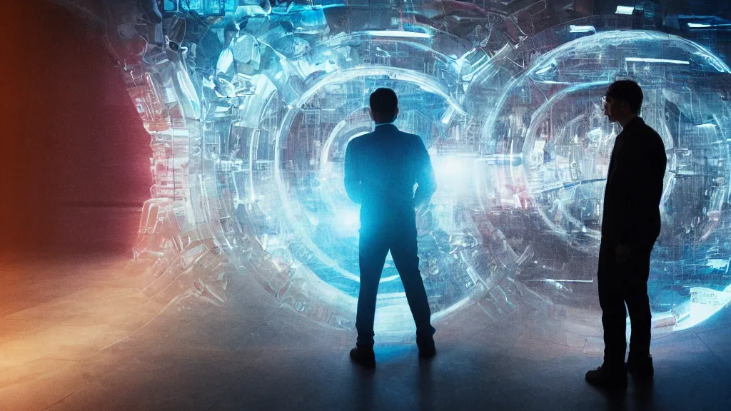 Image similar to movie scene of a man standing in front of a multiverse machine, movie still, cinematic composition, cinematic light, pastel color scheme, by andrzej zuławski