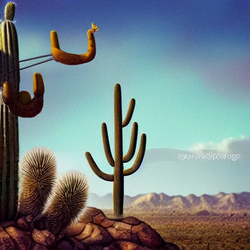 Image similar to A Dodo bird perched atop a Saguaro cactus in the desert, trending on Artstation , high detail, dramatic perspective.