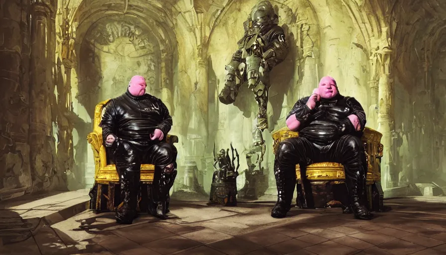 Image similar to shaun ryder as baron harkonnen wearing a leather spacesuit and sitting on a throne in the throne room on guidi prime, dark warriors stand in the background, beautiful green and pink marble pillars, by normal rockwell and john berkey, photoreal, science fiction character concept art, artstation