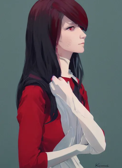Prompt: a portrait of a 20 year old woman with red hair and a traditional silk dress with very long sleeves by ilya kuvshinov and Cushart Krentz and Gilleard James