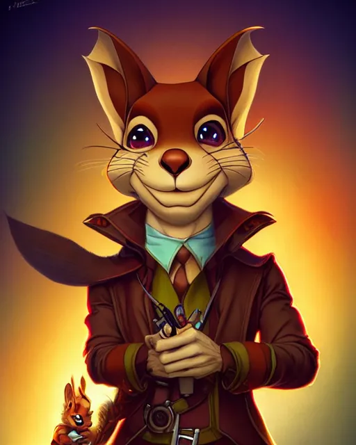 Image similar to don bluth, loish, artgerm, joshua middleton, steampunk, clockpunk anthropomorphic squirrel, full policeman outfit, smiling, symmetrical eyes symmetrical face, colorful animation forest background