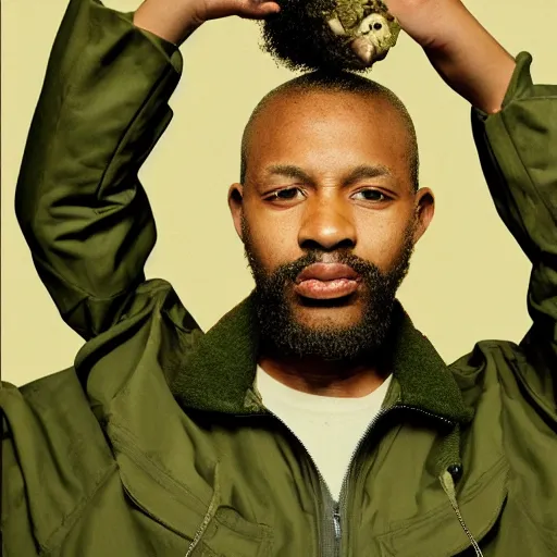 Image similar to black man with afro hair and raspy beard stubble, wearing an army green adidas jacket by dave mckean