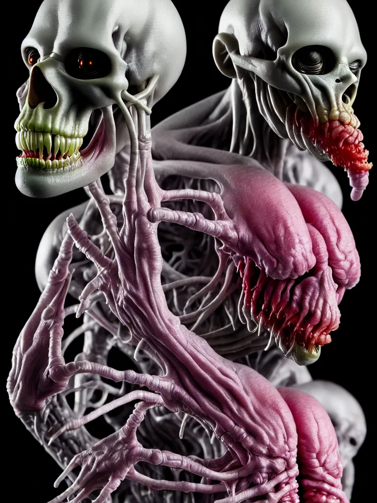 Image similar to hyperrealistic rendering, fat smooth cronenberg flesh monster transparent grey alien with skull and spine by donato giancola and greg rutkowski and wayne barlow and zdzisław beksinski, product photography, action figure, sofubi, studio lighting, colored gels, colored background