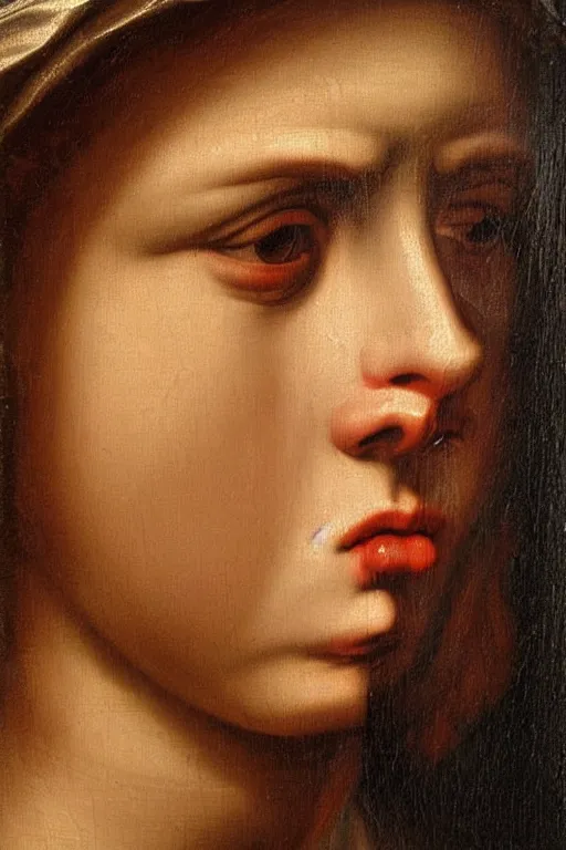 Image similar to renaissance painting of woman, angry face, emotions closeup, angry lips, angry eyes, dressed in roman clothes, ultra detailed, made in bronze, art by Guido Reni style