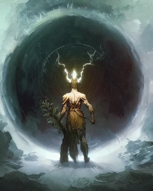 Image similar to a druid standing in a circle at the beginning of the world by greg rutkowski and frank frazetta and peter mohrbacher and marc silvestri