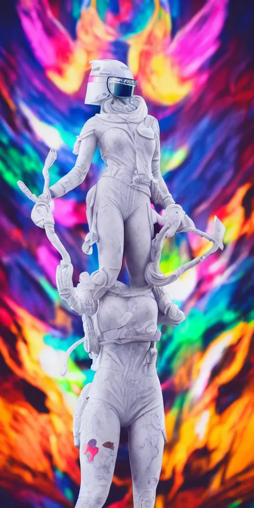 Prompt: extremely beautiful photo of a white marble statue of a girl with colorful motocross logos and motorcycle helmet with closed visor, colorful smoke in the background, carved marble statue, symmetrical, vogue, fine art, neon genesis evangelion, virgil abloh, offwhite, denoise, highly detailed, 8 k, hyperreal