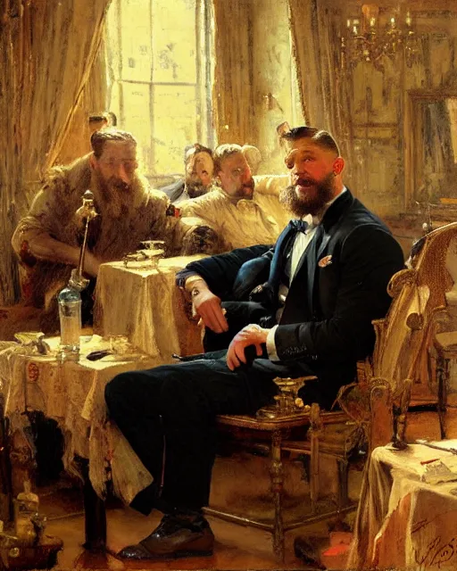 Prompt: tom hardy ( ( ( beard ) ) ) clean - shaven, reciting poetry to a room full of businessmen, painting by gaston bussiere, craig mullins, j. c. leyendecker