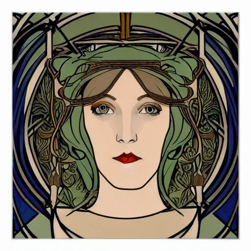 Prompt: art nouveau poster portrait of a woman, in the style of Mucha, on a detailed geometric art nouveau background design