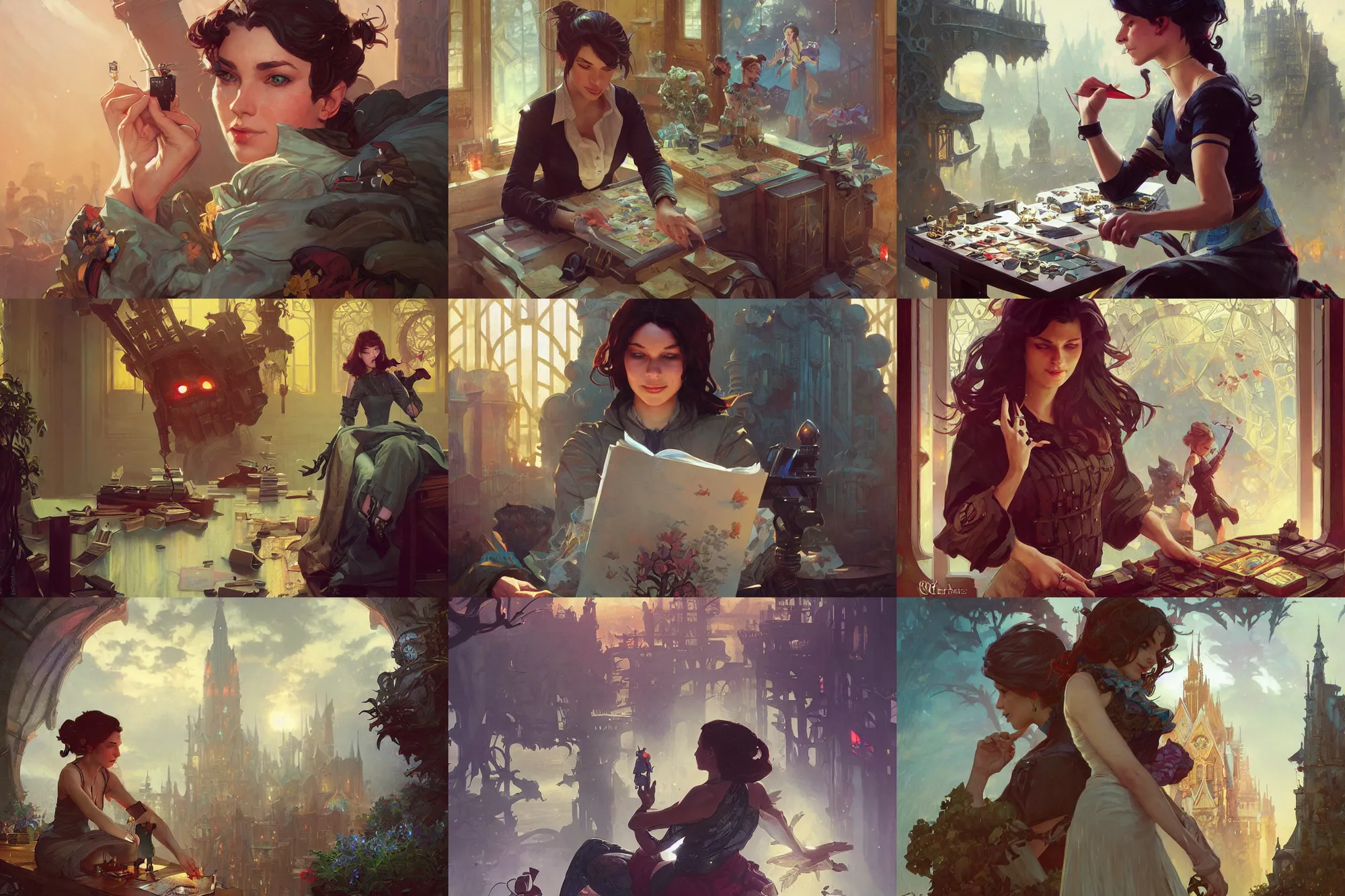 Prompt: Selina the game designer building the best game ever by by greg rutkowski, thomas kinkade, loish, alphonse mucha