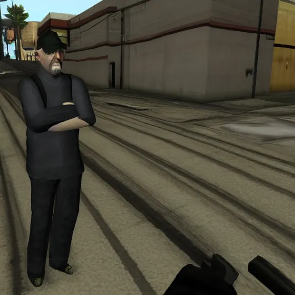 Prompt: Mike Ehrmantraut in Los Santos, screenshot from the PS2 version of GTA San Andreas, orange sky