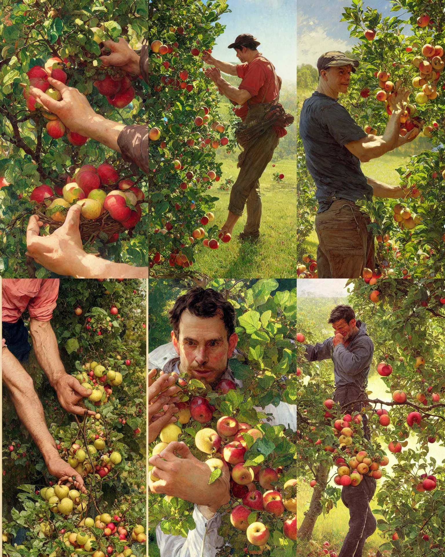 Prompt: close up of a man\'s hands as he is picking apples, photo realistic illustration by greg rutkowski, thomas kindkade, alphonse mucha, loish, norman rockwell.