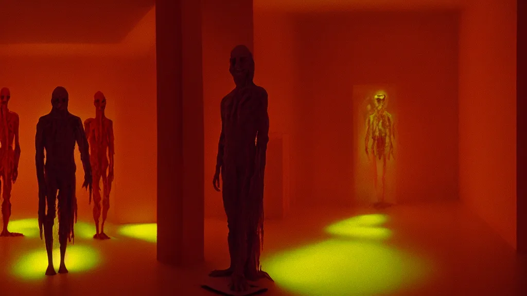 Image similar to the creature at the doctor's office, made of glowing wax and blood, they stare at me, film still from the movie directed by denis villeneuve and zdzisław beksinski with art direction by salvador dali, wide lens