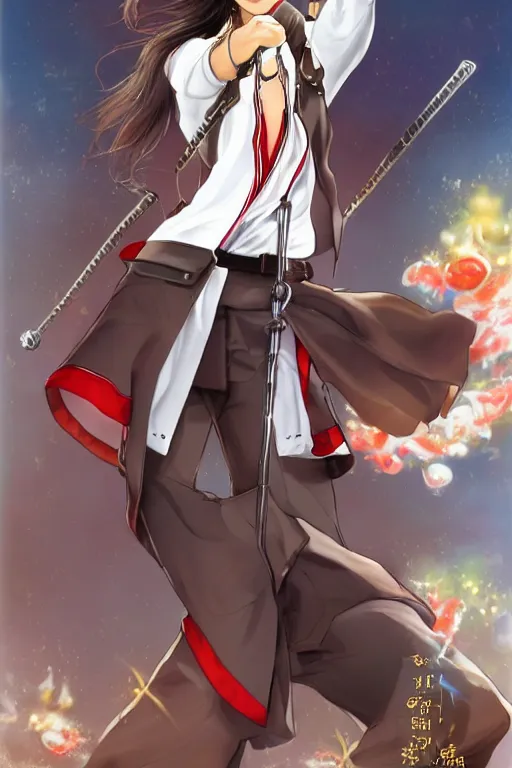 Prompt: young-looking dark-skinned female mage with brown bob-cut hair, wearing white shirt and necklace with grey short-sleeved jacket with red trim, belt, black pants and boots with red lacing, and carrying a wooden staff with floating red crystals. illustrated by Kouta Hirano