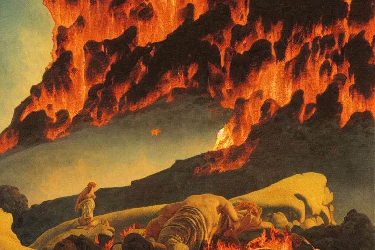 Image similar to painting of the hell, fire, lava, clouds, romantic, by ludwig deutsch and maxfield parrish, patterned tilework, extremely detailed, cinematic lighting, smooth sharp focus