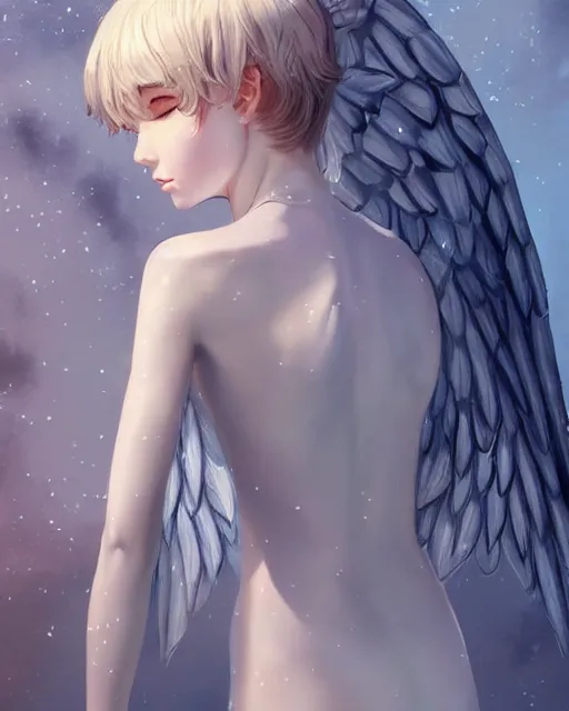 Image similar to ilya kuvshinov. an infinitely detailed portrait of a frail and pale female peace angel elegantly. fully - clothed full - body, beautiful! scenery art!! coherent! by wlop. victorian armor trim, cold color palette, artstation / pixiv!! elegantly armored angel portrait full - body, dreamy art