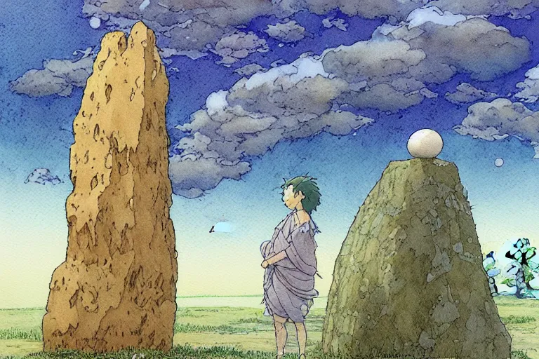 Image similar to hyperrealist studio ghibli watercolor fantasy concept art of a 1 0 0 ft. giant holding a stone. stonehenge is in the bathroom. it is a misty starry night. by rebecca guay, michael kaluta, charles vess