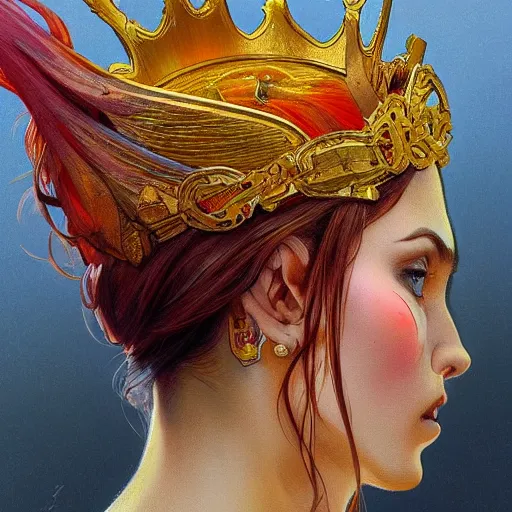 Image similar to close up of colorful bird, golden crown, dark, rusty, highly detailed, digital painting, artstation, concept art, smooth, sharp focus, illustration, art by artgerm and greg rutkowski and alphonse mucha