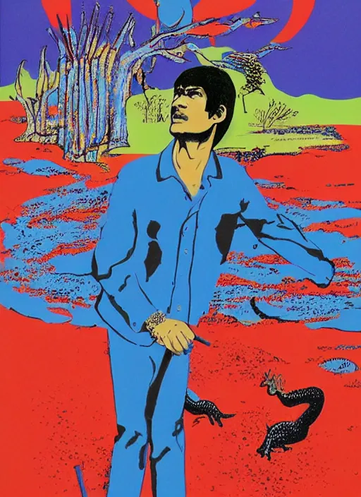 Prompt: a picture of robert forster in alligator ( 1 9 8 0 ), a screenprint by tadanori yokoo, trending on deviantart, naive art, soviet propaganda, 1 9 7 0 s, concert poster