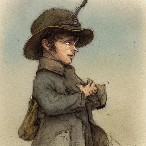 Prompt: portrait of a child standing and facing front looking strait ahead a muted color watercolor sketch of story book character ifrom the book Baltimore & Redingote by Jean-Baptiste Monge of an old man in the style of by Jean-Baptiste Monge that looks like its by Jean-Baptiste Monge and refencing Jean-Baptiste Monge