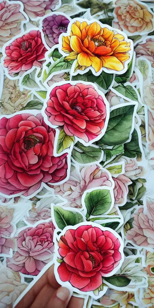 Image similar to beautiful flower, by tran nguyen, warm colors, cozy, etsy stickers, white border, sticker sheet, individual sticker