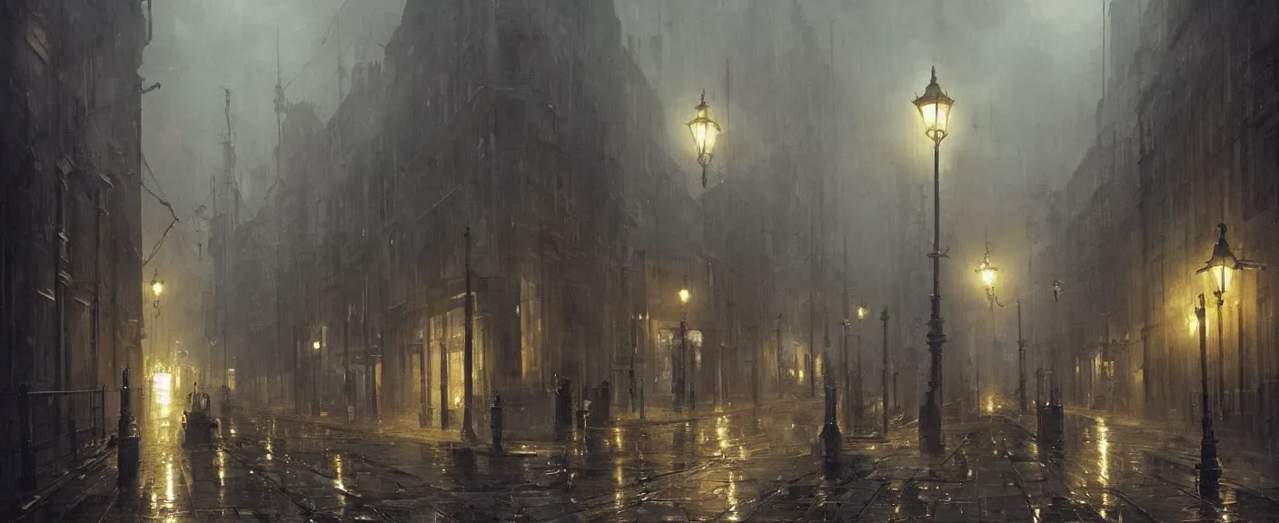 Image similar to Industrial age London street at night, dimly lit by gaslight, eerie, painting, by Greg Rutkowski