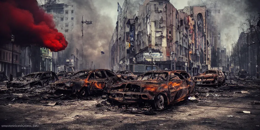 Image similar to post - apocalyptic kreuzberg streets, burned cars, explosions, colorful smoke, hyperrealistic, gritty, damaged, dark, urban photography, photorealistic, high details