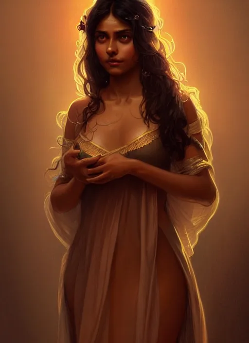 Image similar to cute brown woman wearing a transparent night gown, fantasy, intricate, highly detailed, digital painting, artstation, concept art, wallpaper, smooth, sharp focus, illustration, art by artgerm and greg rutkowski and alphonse mucha