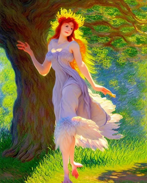 Prompt: a cute harpy in a sun dress enjoying the sweet summer air under the shade of a great oak tree in summer. trending on pixiv. trending on artstation. a vibrant digital oil painting. a highly detailed fantasy character illustration by wayne reynolds and charles monet and gustave dore and carl critchlow and bram sels