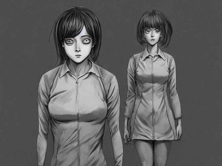 Image similar to concept art of the female protagonist of the junji ito visual novel, developed by key, hd, 8 k, digital painting, stylized, monochromatic color scheme, octane, trending on artstation