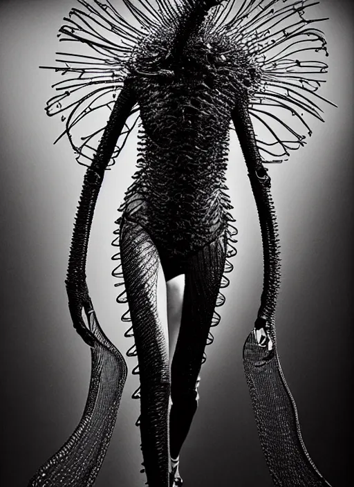 Image similar to walking down the catwalk, steven klein, mert alas and marcus piggott, show, stage, vogue photo, podium, fashion show photo, iris van herpen, beautiful woman, full body shot, alien, masterpiece, inflateble shapes, plant predator, guyver, jellyfish, wires, veins, biomechanical details