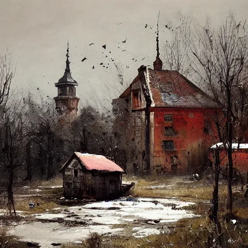 Prompt: painting by jakub rozalski of abandoned eastern european village