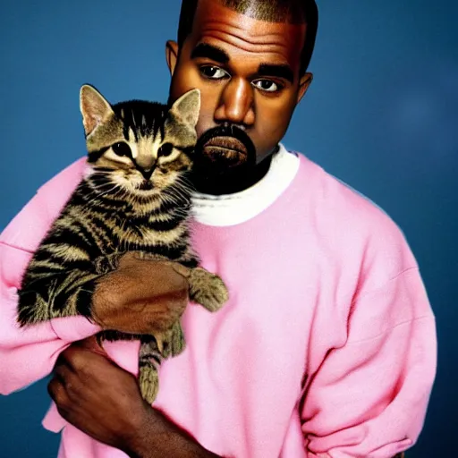 Image similar to Kanye West holding a kitten for a 1990s sitcom tv show, Studio Photograph, portrait C 12.0