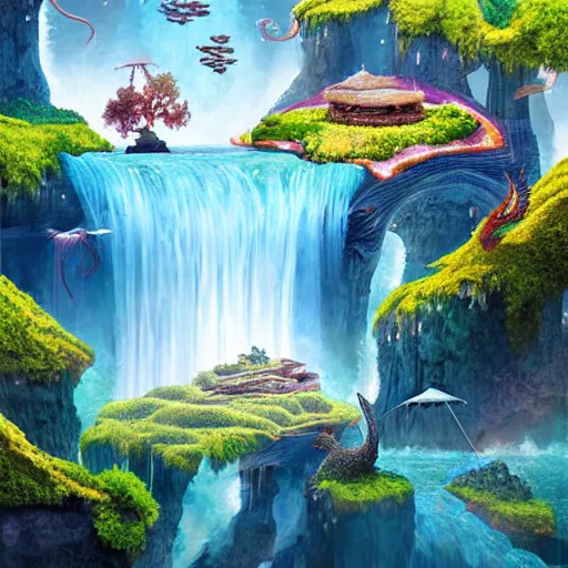 Image similar to floating islands with waterfalls and dragons, digital art, aesthetic, astonishing detail