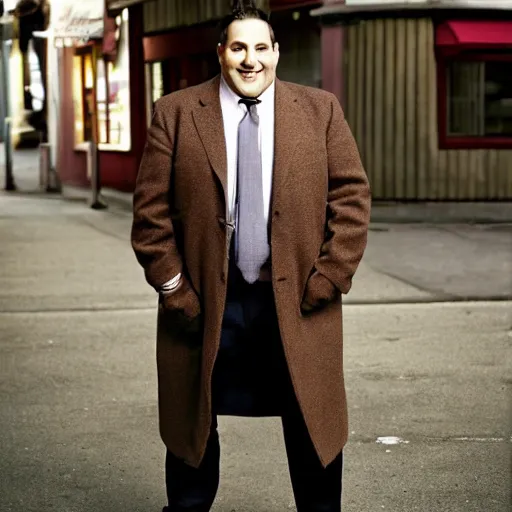 Image similar to full length shot : : clean - shaven smiling white chubby italian american man in his 4 0 s wearing a long brown overcoat and necktie and black shoes shoes shoes holding a burger, 2 0 0 6 advertising promo shot