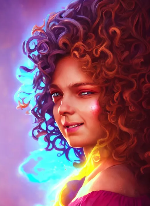 Image similar to an epic fantasy comic book style portrait painting of a girl wearing colorful makeup with a mischievous smile and curly brown hair stepping out of a doorway with light shining behind her, unreal 5, daz, hyperrealistic, octane render, cosplay, rpg portrait, dynamic lighting