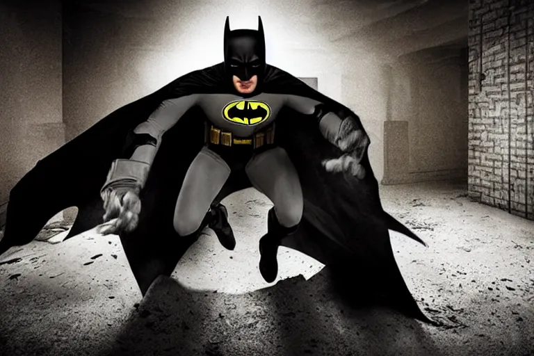 Prompt: batman covered in toilet paper, chasing through old brown decrepit hallway, creepy smile, atmospheric eerie lighting, photorealistic face, dim lighting, bodycam footage, motion blur, photography