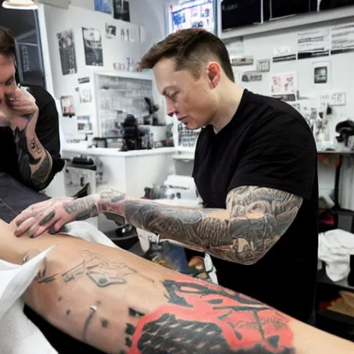 Prompt: elon musk getting a tattoo, newspaper photo, high definition