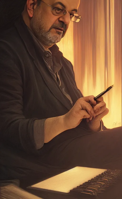 Image similar to portrait of salman rushdie writing in the dark, deep focus, blade runner 2 0 4 9, fantasy, intricate, elegant, highly detailed, digital painting, artstation, concept art, matte, sharp focus, illustration, art by artgerm and greg rutkowski and alphonse mucha