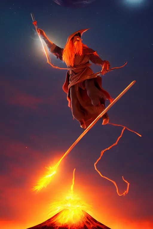 Image similar to levitating wizard wielding a spear opening a shining portal pulsating in the night sky, horizon of an erupting volcano, photorealistic, artstation, highly detailed