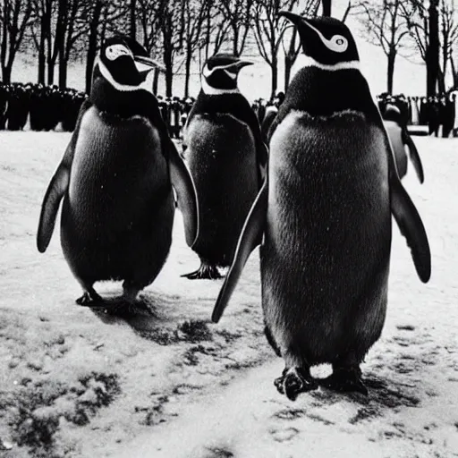 Prompt: “historical pictures of penguins marching along side of German soldiers, WW2”