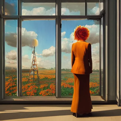 Image similar to giant daisy flower head, woman in suit, standing next to modern window in luxury loft, surreal photography, sunlight, impressionist painting, digital painting, artstation, simon stalenhag