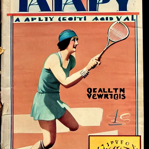 Prompt: a 1 9 2 8 cover of a quality magazine. happy, healthy, beautiful, smiling, young, sporty, glowing woman in decent athletic wear playing tennis. hyper - realistic detailed color drawing