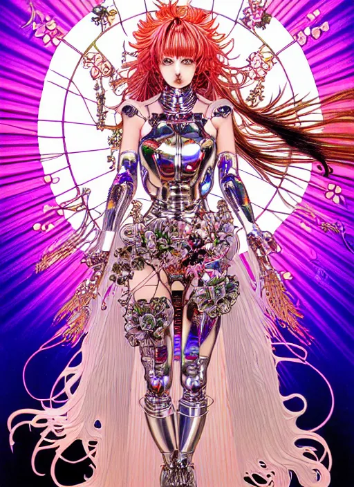 Image similar to highly detailed hajime sorayama terada katsuya artstation manga poster of witch mechine, rainbow gradient reflection bloom, long hair, armor, dress, laces, ruffles, 8 k, maximalist, ayami kojima, alphonse mucha