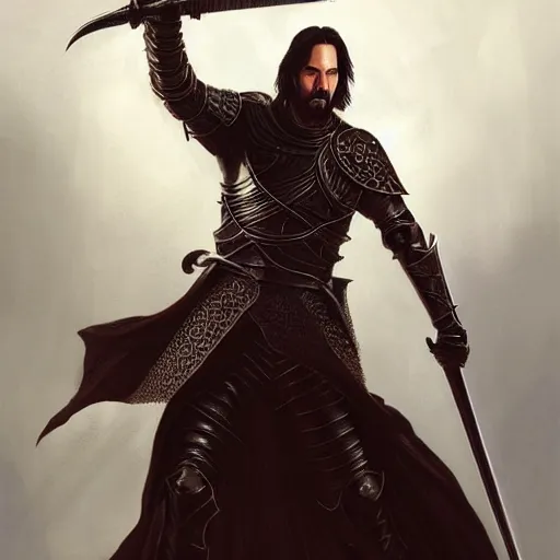 Prompt: Keanu Reeves dressed as a knight, D&D, fantasy, intricate, elegant, highly detailed, digital painting, artstation, concept art, matte, sharp focus, illustration, art by Artgerm and Greg Rutkowski and Alphonse Mucha