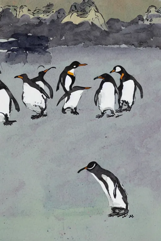 Image similar to penguins dancing in chuncheon by quentin blake