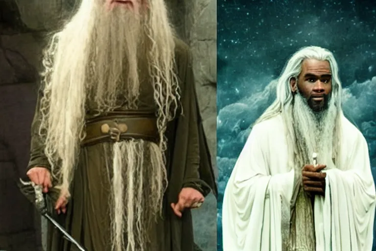 Prompt: r kelly as gandalf in lord of the rings