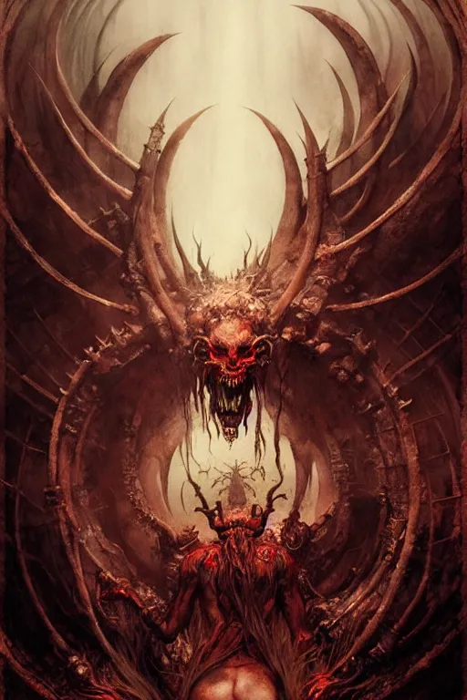 Prompt: hells gate demon lord | esoteric symbolism | jean - baptiste monge, esao andrews, bastien lecouffe - deharme, tim jacobus, ken currie | ultra - detailed realism, soft cinematic lighting, hi - fructose, artstation, high - quality, ink watercolors wes anderson poster art