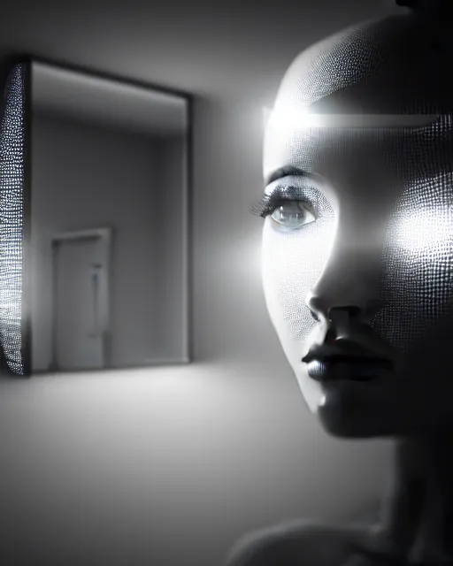 Image similar to black and white high quality photo of a beautiful futuristic female human-AI-cyborg looking into a sci-fi mirror:: volumetric lighting, liminal space, brutalism, foggy, dreamy, hyperdetailed, bokeh, photorealistic, cinematic, masterpiece, Metropolis, elegant, dark, octane render, 8K, photograph taking in 1910